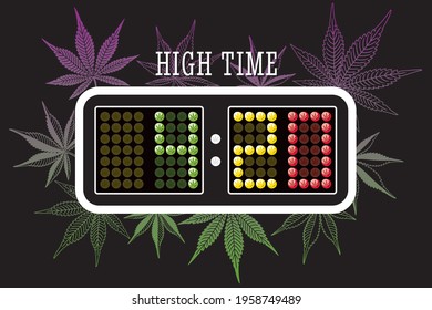 420 Creative Concept as Sport Digital Scoreboard Clock Decorated with Marijuana or Cannabis Leaves - Rastafarian Multicolor on Black Background - Vector Flat Graphic Design