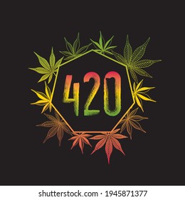 420 Heptagon Gestaltungskonzept mit Invertierten Marijuana- oder Cannabis-Blättern und -Zahlen Logo-Lettern - Grün Rot und Gelb auf schwarzem Hintergrund - Vektorhandgezeichnet