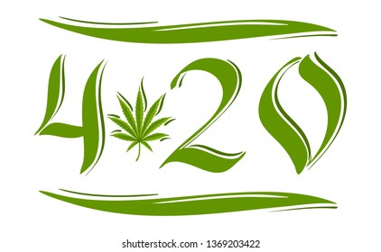 4:20 Marijuana leaf, April 20.Hemp marijuana. Hemp leaves in flat vintage style. Vector illustration