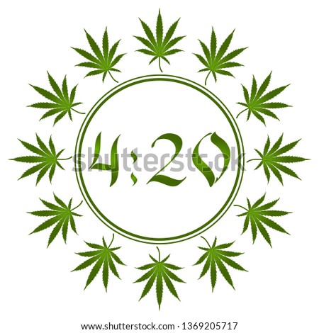4:20 Marijuana leaf, April 20.
Clock face. The leaves of marijuana are arranged in a circle. Set of marijuana leaves. Round stylized marijuana icon with green leaves