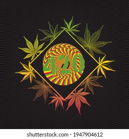 420 Rhombus Creative Concept with Inverted Cannabis or Marijuana Leaves and Traditional Rastaman Style Stencil Numerals Logo Lettering - Multicolor on Wavy Background - Vector Hand Drawn Design
