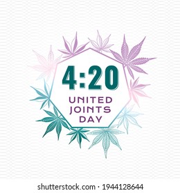 420 Square Creative Concept with Marijuana or Cannabis Leaves Numerals Logo und glückliche Beilbriefe als Mix aus "Enjoy" und "Joint Words" - Mehrfarben auf grauem Hintergrund - Vektorhandgezeichnetes Design