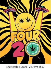 420 Diseño trippy en el espacio con nave espacial extraterrestre, estrellas y planetas, viaje lsd en la galaxia. Extraterrestres en las estrellas. Jugosa hierba. Juicy y Trippy. Concepto de diseño de cannabis libre Vector