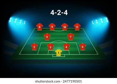 Plantilla de formación de equipos de fútbol 4-2-4. Jugadores de fútbol con números. Plantilla de Vector