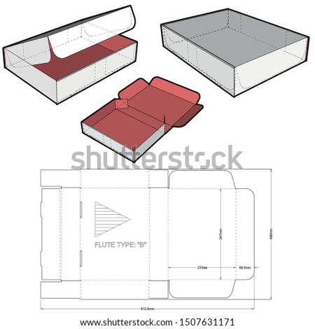 426 Box self assembly flute type B (Internal measurement 34.7x 25.8 + 6.95cm)  and Die-cut Pattern. The .eps file is full scale and fully functional. Prepared for real cardboard production.