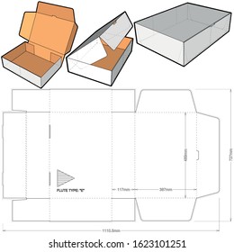 426 flute E Postal Delivery Box (Internal measurement 48.9x38.7+11.7cm)and Die-cut Pattern. The .eps file is full scale and fully functional. Prepared for real cardboard production.