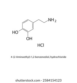 4-(2-Aminoethyl)-1,2-benzenediol, hydrochloride skeletal structure.Catecholamine derivative compound schematic illustration. Simple diagram, chemical structure.