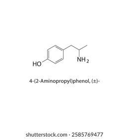 4-(2-Aminopropyl)phenol, (±)- skeletal structure.Phenol derivative compound schematic illustration. Simple diagram, chemical formula.