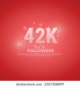 42K Celebración de seguidores, 42K Número rosa sobre fondo rojo con confeti brillante, Gracias seguidores, 42k Anuncio festivo social en línea, 43k
