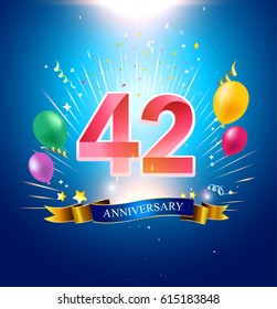 42nd Anniversary with balloon, confetti, and blue background.