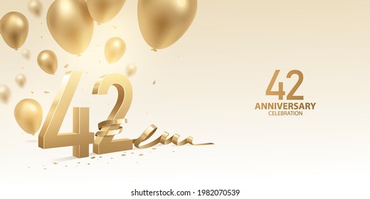 42nd Anniversary celebration background. 3D Golden numbers with bent ribbon, confetti and balloons.