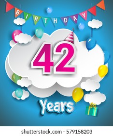 42nd Anniversary Celebration Design, with clouds and balloons, confetti. Vector template elements for your, forty two years birthday celebration party.