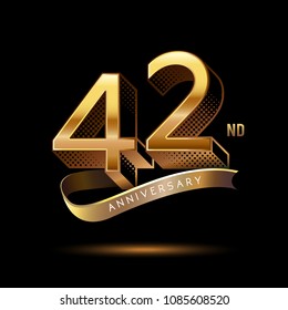 42nd Anniversary celebration logotype colored with shiny gold, using ribbon and isolated on black background