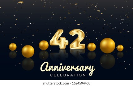 42nd Anniversary celebration Vector background by using two colors in the design between gold and red, Golden number 42 with Realistic 3d sign & gold Sphere for Birthday or wedding party 
