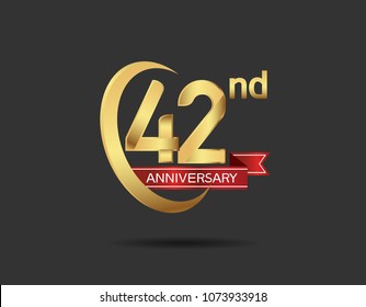 42nd anniversary design logotype golden color with swoosh ring and red ribbon for celebration isolated on dark background
