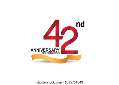 42nd anniversary design logotype red color and golden ribbon for celebration isolated on white background