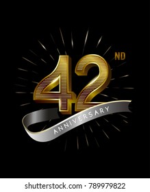 42nd Anniversary fireworks and ahiny ribbon. gold anniversary logo on black background