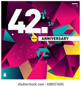 42nd anniversary logo with colorful shape background. Anniversary signs illustration. Vibrant colors anniversary logo with geometric shape 