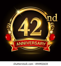 

42nd anniversary logo with golden ring,balloons and red ribbon. Vector design template elements for your birthday celebration.