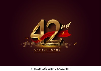 42nd anniversary logo with red ribbon and golden confetti isolated on elegant background, sparkle, vector design for greeting card and invitation card.