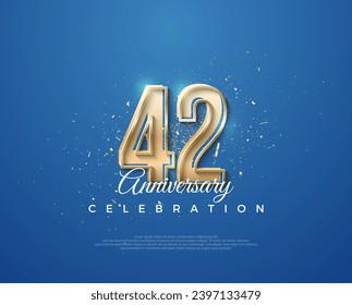 42° aniversario con un diseño lujoso entre el oro y el azul. Vector premium para afiches, banner, saludo de celebración.