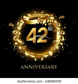 42nd gold anniversary celebration With confetti, ring, and abstract elements, isolated on dark background