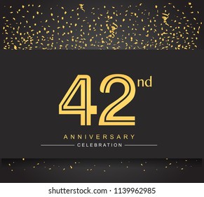 42nd golden anniversary celebration logotype with confetti golden color isolated on black background, vector design for greeting card and invitation card