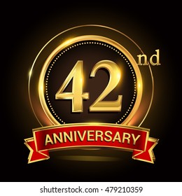 42nd golden anniversary logo with ring and ribbon. Vector design template elements for your birthday celebration.