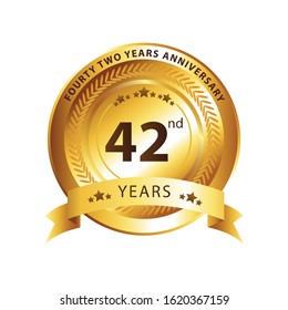 42nd years anniversary golden label with ribbon