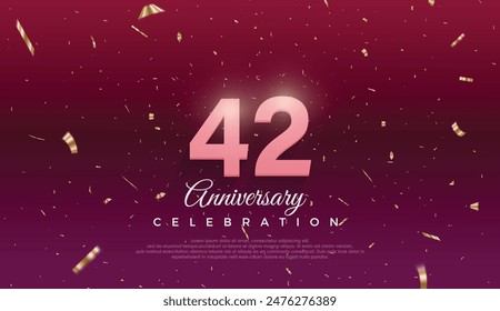 42th Anniversary celebration, 42 Anniversary celebration, Dark purple background, festive illustration,Realistic 3d sign, stars, Pink number with red ribbon 42 sparkling confetti, 42,43
