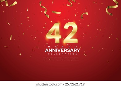 42th Anniversary celebration, 42 Anniversary celebration On Red background for celebration event, festive illustration, Golden number 42 sparkling confetti, 42,43 