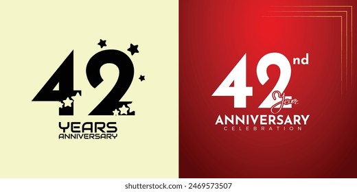 42th Anniversary celebration, 42 Anniversary celebration, Realistic 3d sign, stars, festive illustration, red background with Pink number 42 sparkling confetti, 42,43 
