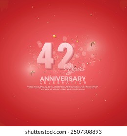 42th Anniversary celebration, 42 Anniversary celebration, Realistic 3d sign, stars, festive illustration, red background with Pink number 42 sparkling confetti, 42,43 
