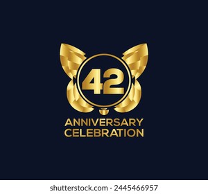 42th anniversary celebration day with gold color Light bright modern logo Design element