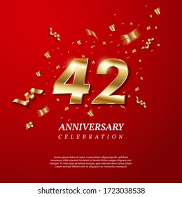 42th Anniversary celebration. Golden number 42 with sparkling confetti, stars, glitters and streamer ribbons on red background. Vector festive illustration. Birthday or wedding party event decoration