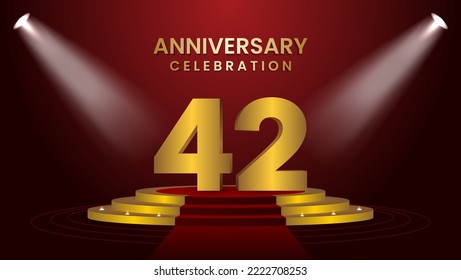 42th Anniversary Celebration With golden stage. Modern and luxurious design template for celebration event, wedding, greeting card, and invitation. Vector illustration