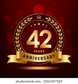 42th Anniversary Celebration. Anniversary logo design with golden color laurel wreath for birthday celebration event, invitation, greeting card, banner, poster, flyer, flyer. Logo Vector Template