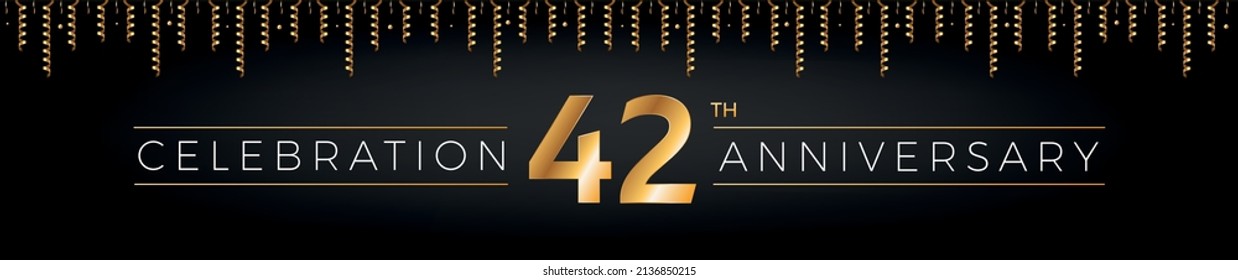 42th anniversary. Forty-two years birthday celebration horizontal banner with bright golden color.