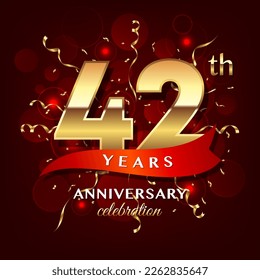 42th Anniversary logo design with golden numbers and red ribbon for anniversary celebration event, invitation, wedding, greeting card, banner, poster, flyer, brochure, book cover. Logo Vector Template