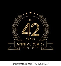 Diseño del logo del 42º Aniversario con corona de laurel para celebración, evento, invitación, pancarta, afiche, volante, tarjeta de saludo. Diseño de arte de línea, Ilustración de vectores de logotipos