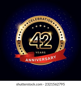 42th anniversary logo with gold numbers and red ribbon, vector template