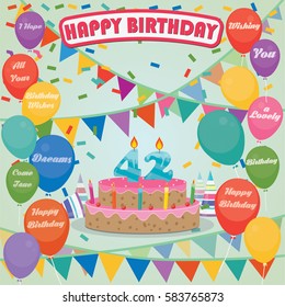 42th Birthday cake and decoration background in flat design with balloons and candles