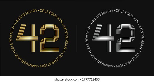 42th birthday. Forty-two years anniversary celebration banner in golden and silver colors. Circular logo with original numbers design in elegant lines.