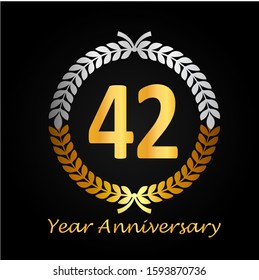 42th gold anniversary celebration logo with golden color and laurel wreath vector design