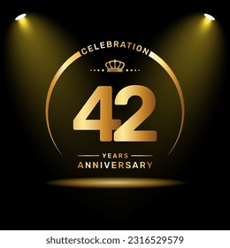 42th year anniversary celebration logo design with gold color number and ring, logo vector template