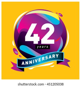 42th years greeting card anniversary with colorful number and frame. logo and icon with circle badge and background