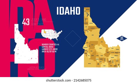 43 of 50 states of the United States, divided into counties with territory nicknames, Detailed vector Idaho Map with name and date admitted to the Union, travel poster and postcard