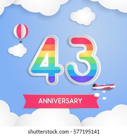 43 Anniversary Celebration Logo with Rainbow Colored and using Paper Art Design Style