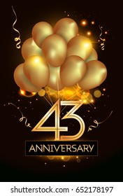 43 Anniversary Logo Celebration with Golden balloon and confetti, Isolated on dark Background