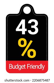 43% Budget Friendly sign tag, label vector art Black Background white and yellow lettering